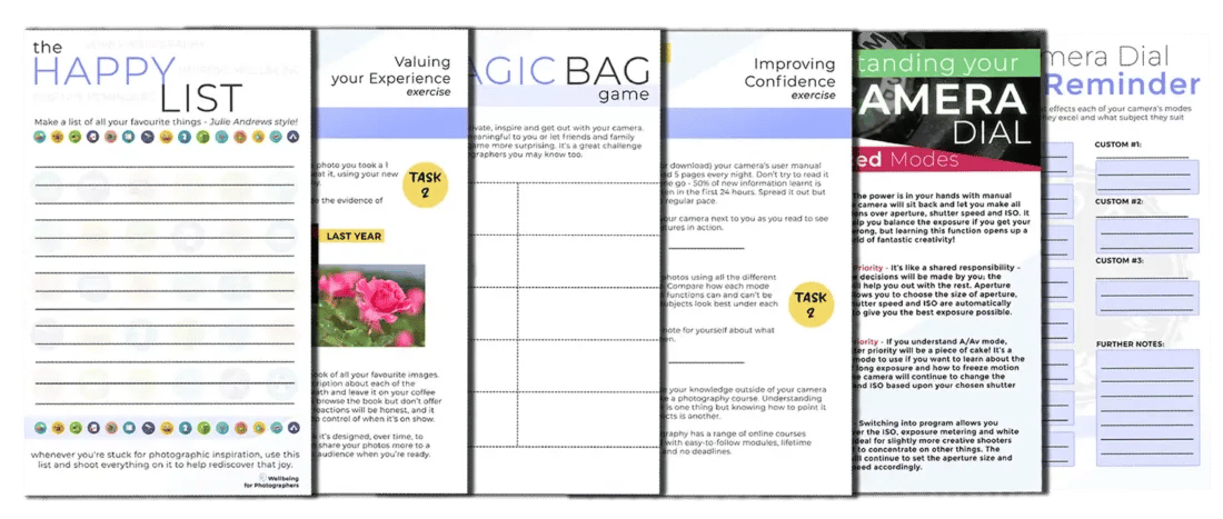 A preview of worksheet pages from inside Wellbeing for Photographers &mdash; including the Happy List, Magic Bag, Confidence Building, Camera Dial and Mantra Reminder spreads.