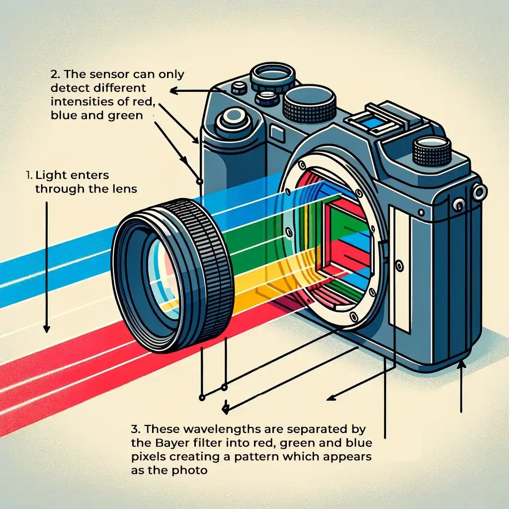 Diagram of how light is converted into a photo