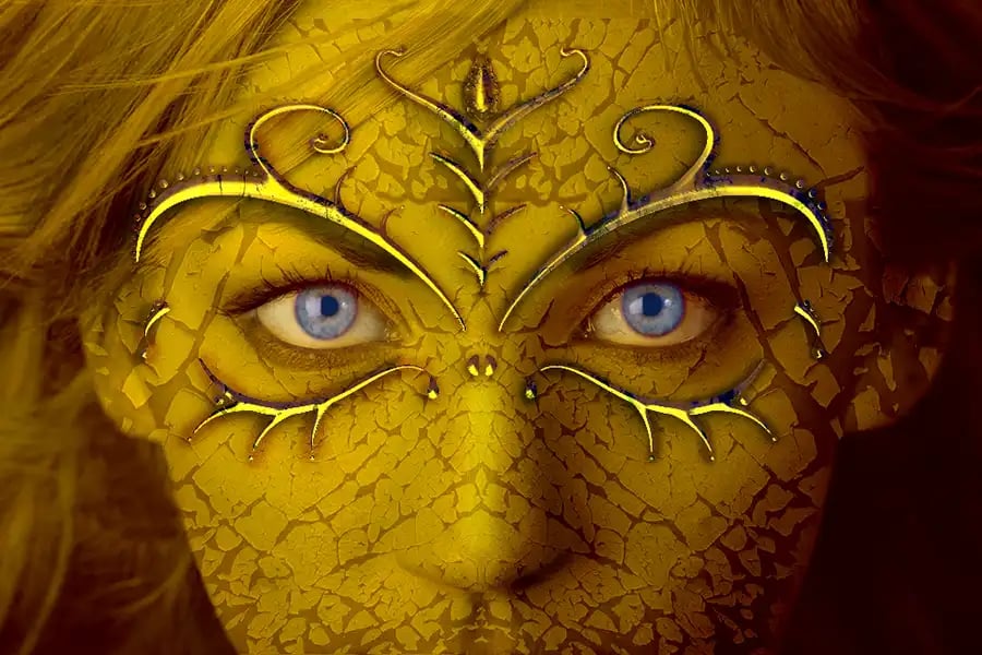 A digital-art portrait demonstrating advanced masking in Photoshop.