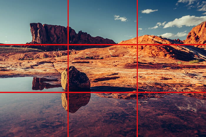Landscape at sunset with a rule of thirds photography grid over the top