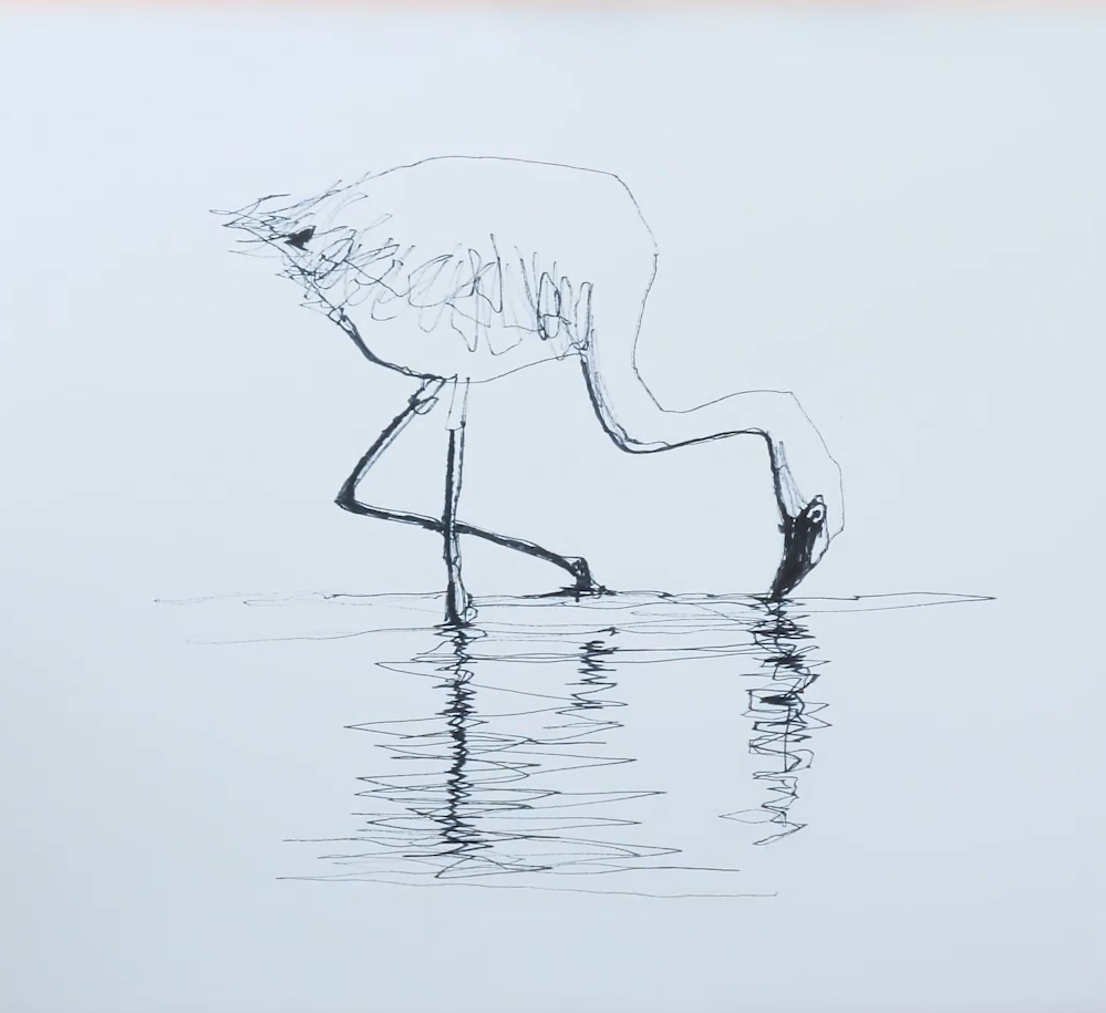 A minimalist ink sketch of a figure bending down in shallow water, depicted in quick, gestural linework. The drawing captures movement and posture through loose, energetic marks—the upper body is sketched lightly with hatching for form, while the legs and their reflections in the water below are rendered with rhythmic parallel lines suggesting ripples and surface tension. The overall mood is contemplative and fluid, rendered in black ink on white paper.