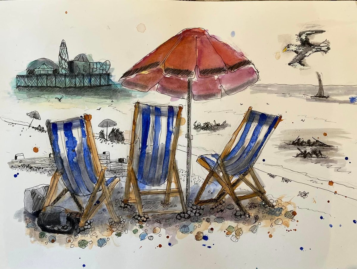 Pen and watercolour sketch of striped deckchairs and a parasol on Brighton beach, by student Wendy P.
