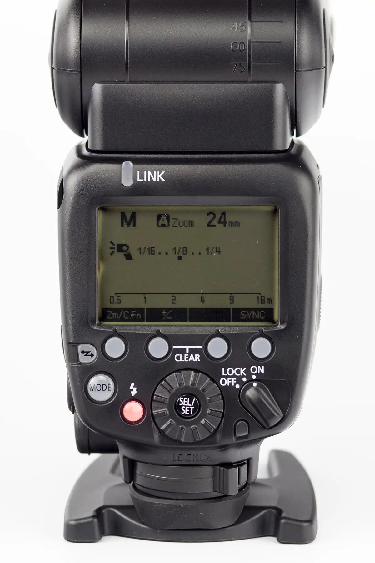 Close up of the back of an off camera flash unit