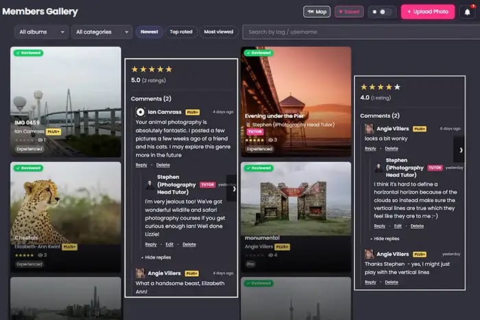 A view of the iPhotography Member's Photo Gallery — member photos with Reviewed badges, star ratings, and real comment threads where Stephen Walton, the Head Tutor, replies to members by name.