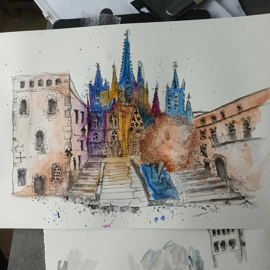 Colourful watercolour sketch of Barcelona Cathedral using expressive, non-literal colour choices