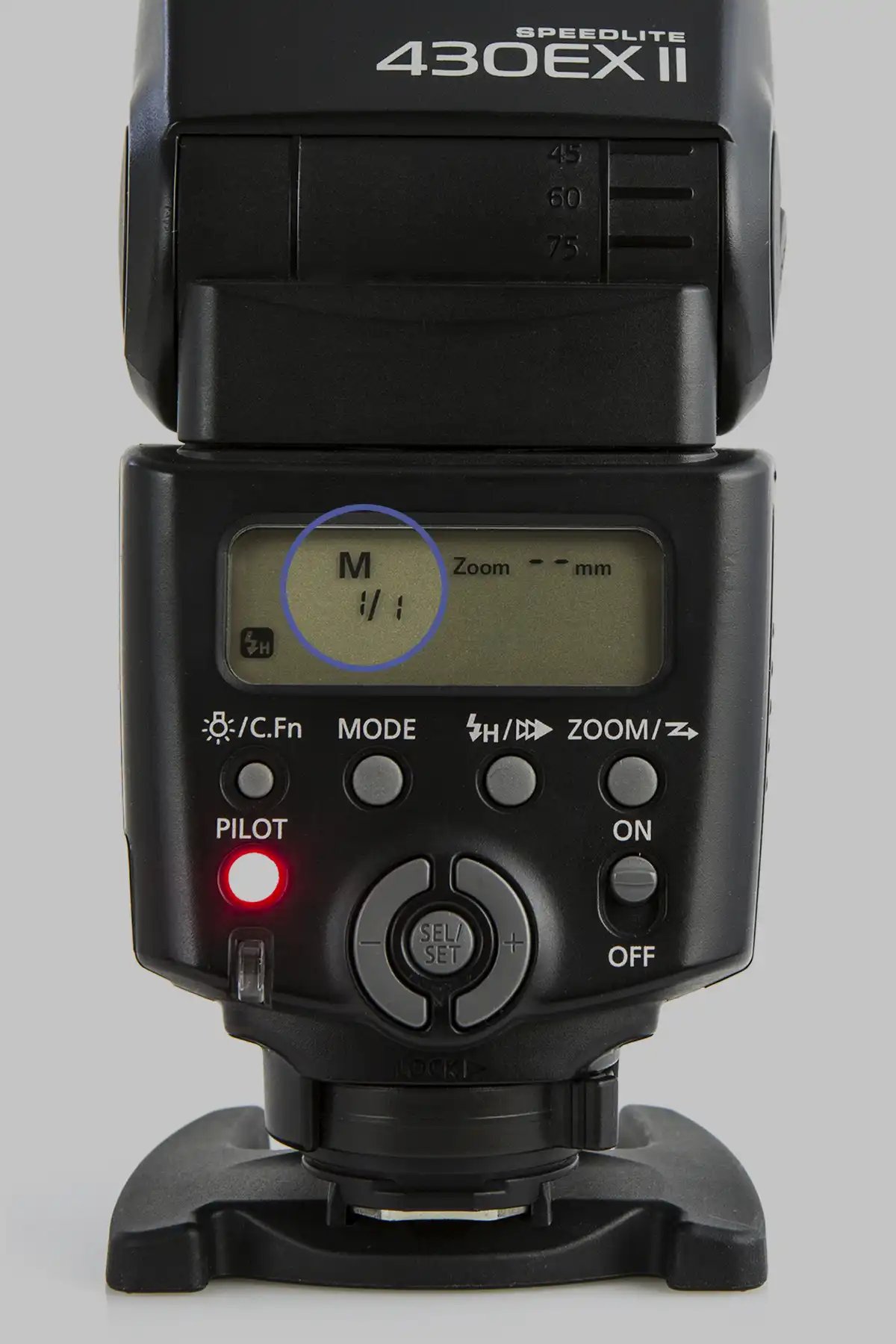 Close up of the back of an off camera flash unit