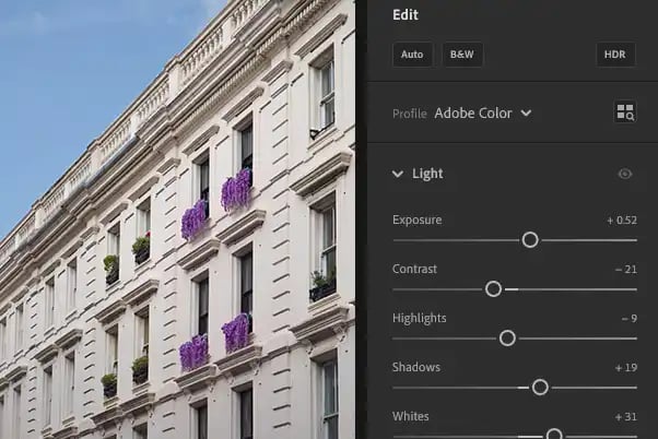 Lightroom's Develop module panels &mdash; basic adjustments in progress.