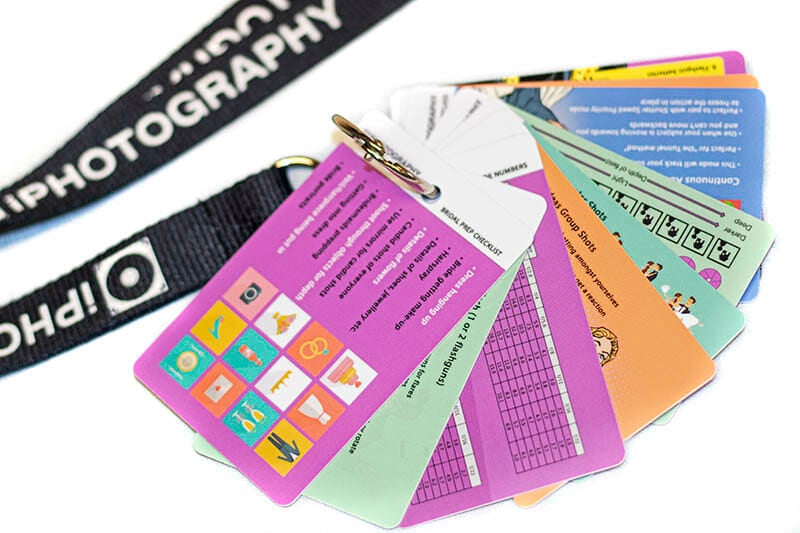 The Wedding Flip Cards deck, fanned out on its iPhotography lanyard