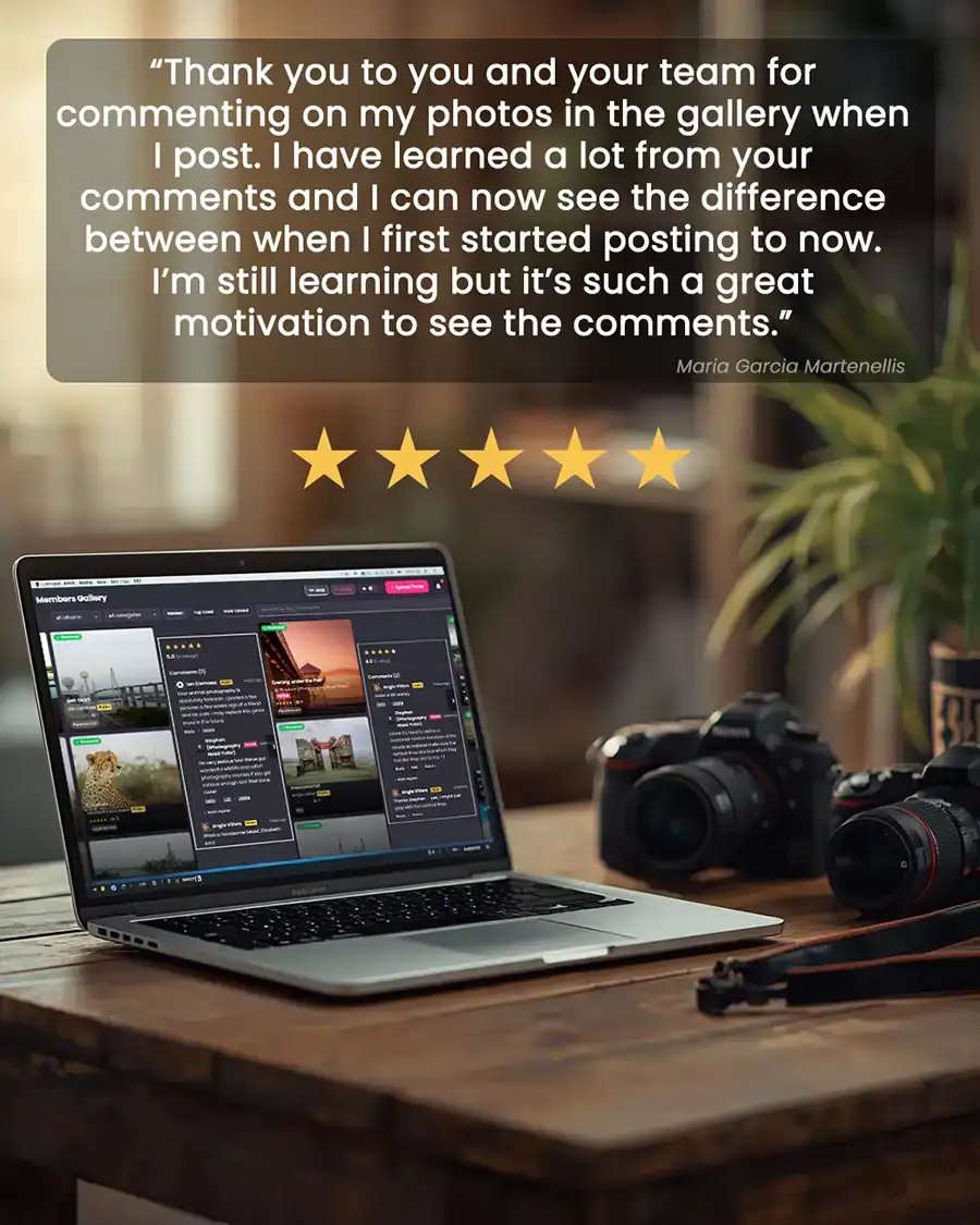 A laptop view of the iPhotography Member's Photo Gallery — real member photographs uploaded, reviewed, and discussed by iPhotography tutors.