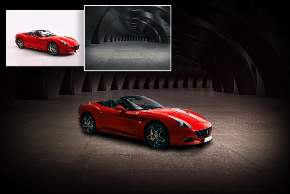 A car-and-tunnel composite built step by step in Photoshop.