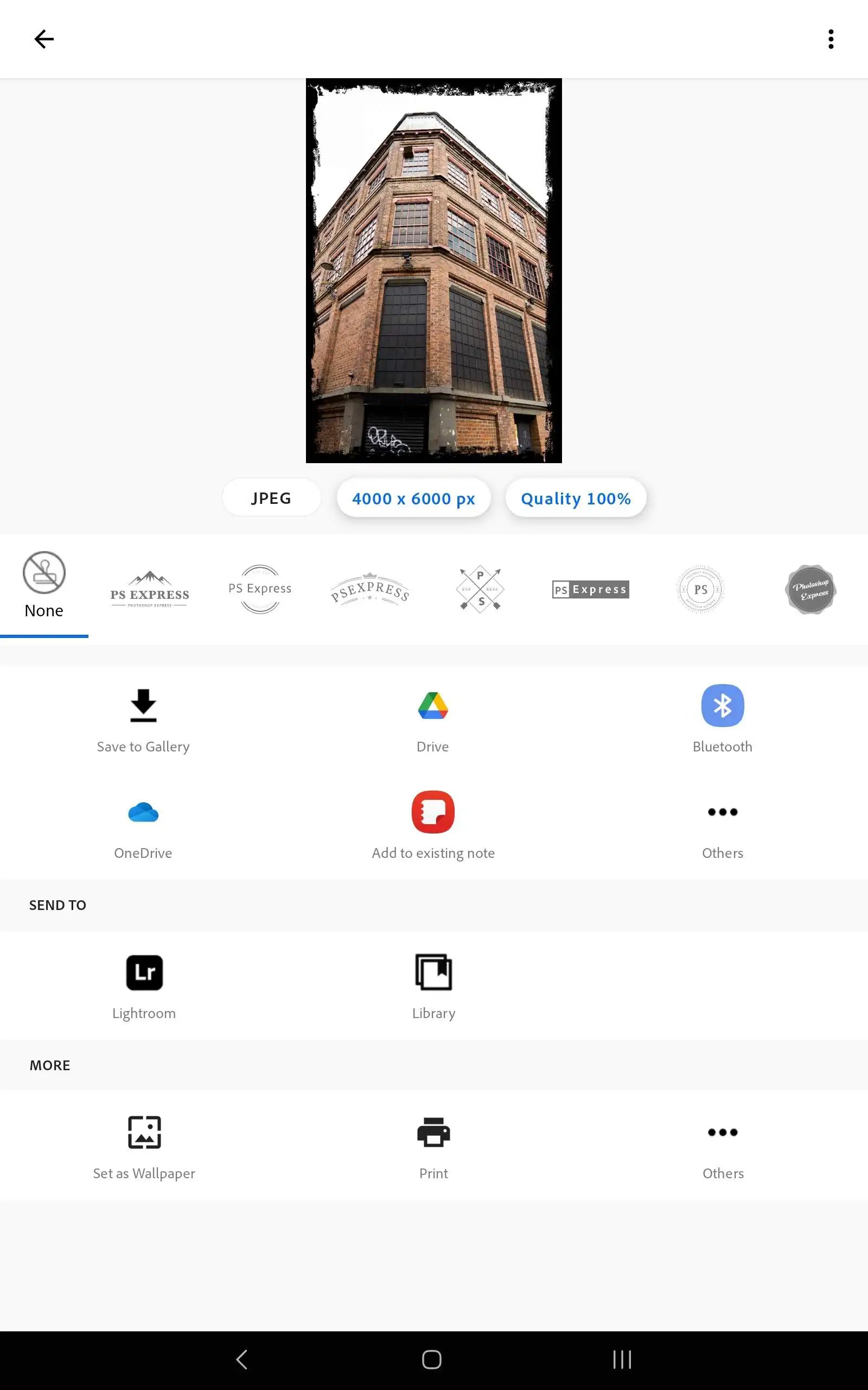 Adobe Photoshop Express app sharing and export options