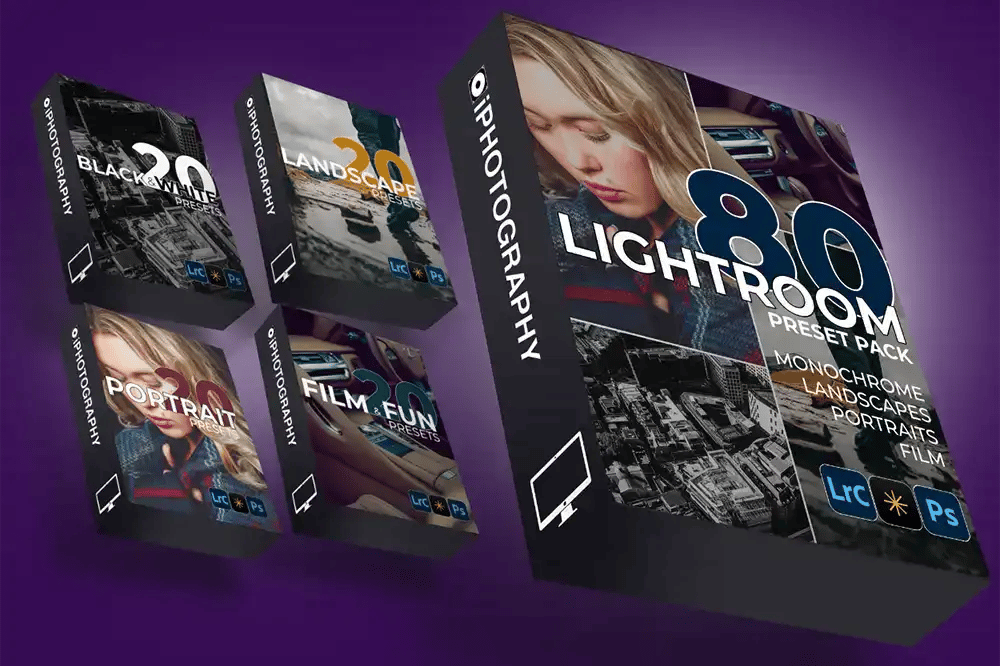 iPhotography Lightroom presets bundle &mdash; four preset packs displayed as box mockups.