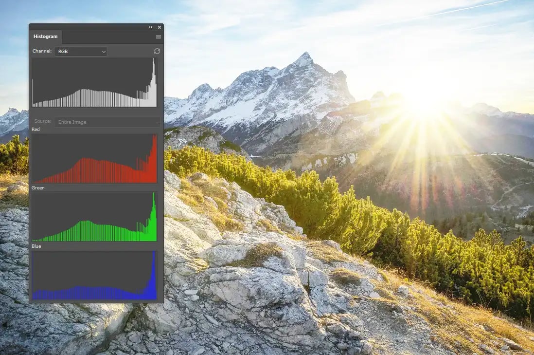 a landscape with bright sky and histogram on screen
