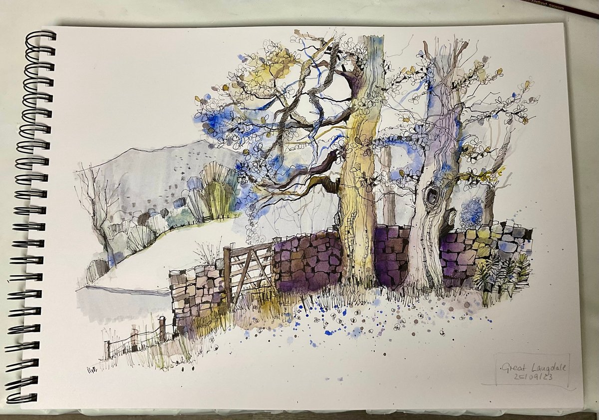 A detailed urban sketch on a spiral-bound pad depicting a rural landscape featuring gnarled, flowering trees with twisted dark trunks and delicate blossoms rendered in soft yellows, blues, and purples. The composition includes a weathered wooden gate or fence structure in the foreground, purple-hued stone walls, and undulating hillsides with muted vegetation in the background. The sketch combines precise pen linework with loose watercolor washes and scattered colored marks, signed "Great Langdale 26/04/23" in the lower right corner. The style is characteristic of contemporary architectural and landscape urban sketching with a naturalistic, observational approach.