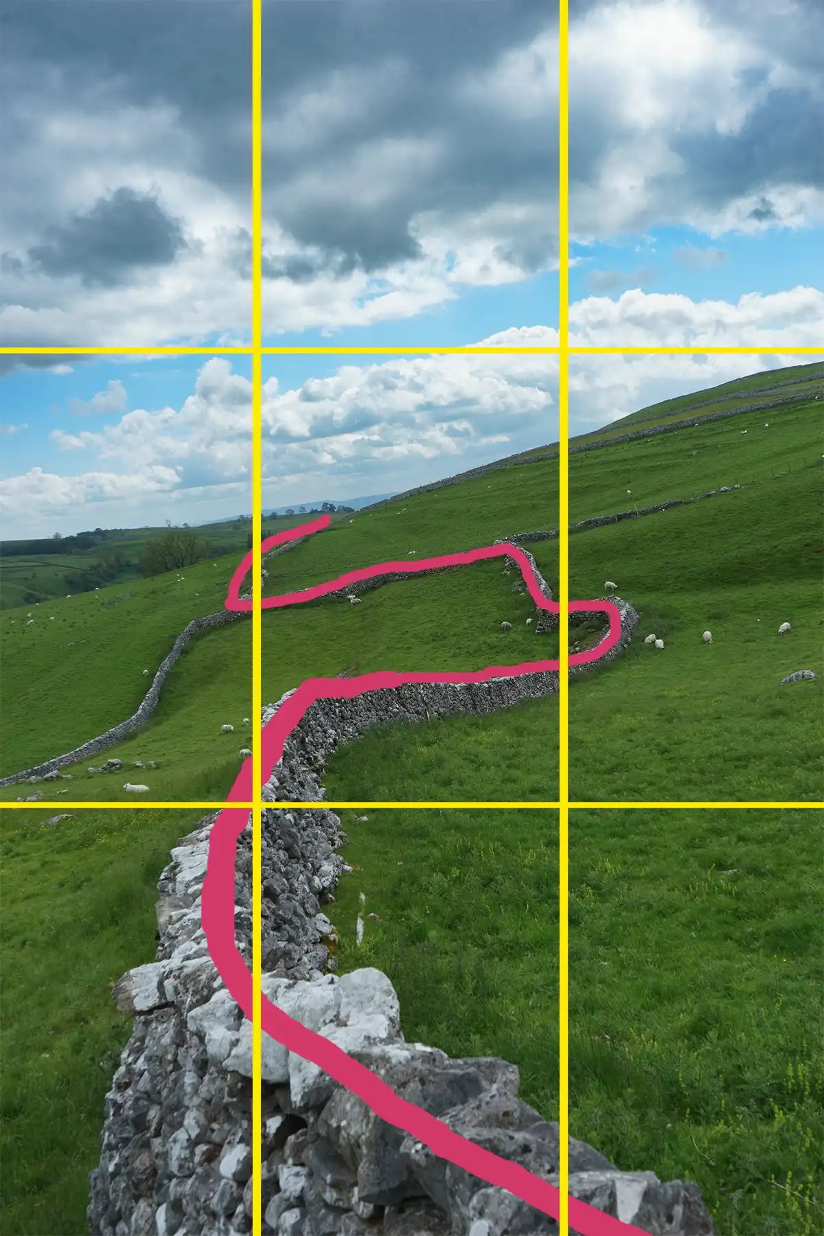 A rule of thirds grid overlaid on a landscape photo with a stone wall
