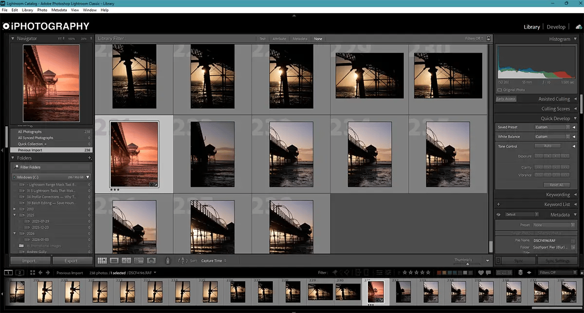 A screenshot of Lightroom's catalogue view &mdash; the photo library being organised.