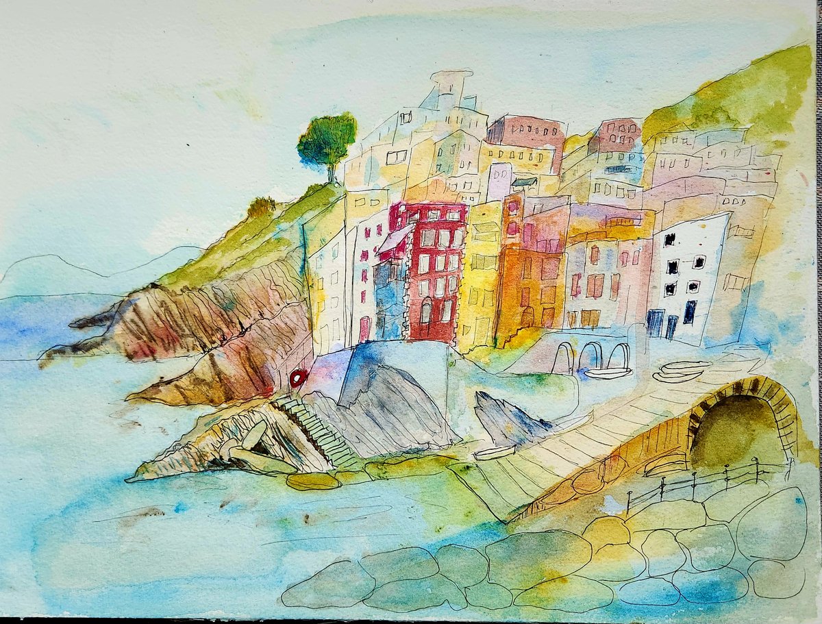 Student watercolour sketch of Riomaggiore by Donna, kept loose and light at the colour stage