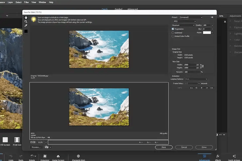 A finished edit being exported from Photoshop Elements.