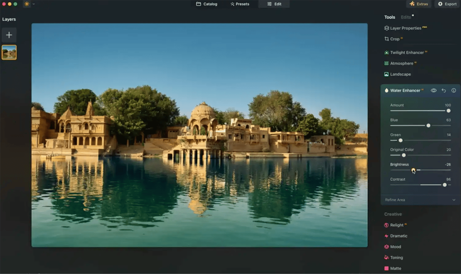An edited photograph demonstrating the Water Enhancer tool in Luminar Neo.