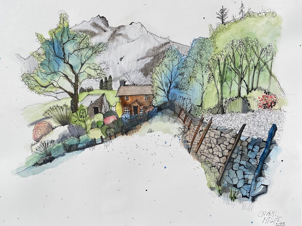 An intricate landscape sketch featuring a charming stone cottage nestled in a rural valley setting, surrounded by lush vegetation and towering mountains in the background. The composition combines fine pen linework with delicate watercolor washes in greens, blues, and earth tones, creating a peaceful pastoral scene with detailed foliage, stone walls, and a winding path. The artistic style blends architectural detail with natural landscape elements, rendered in a refined illustrative technique.