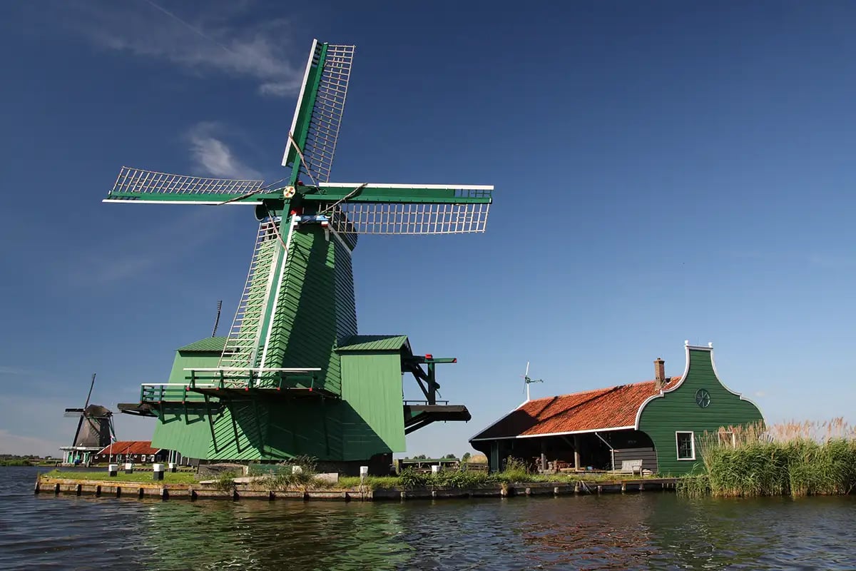 A windmill at Zaanse Schans at sunset