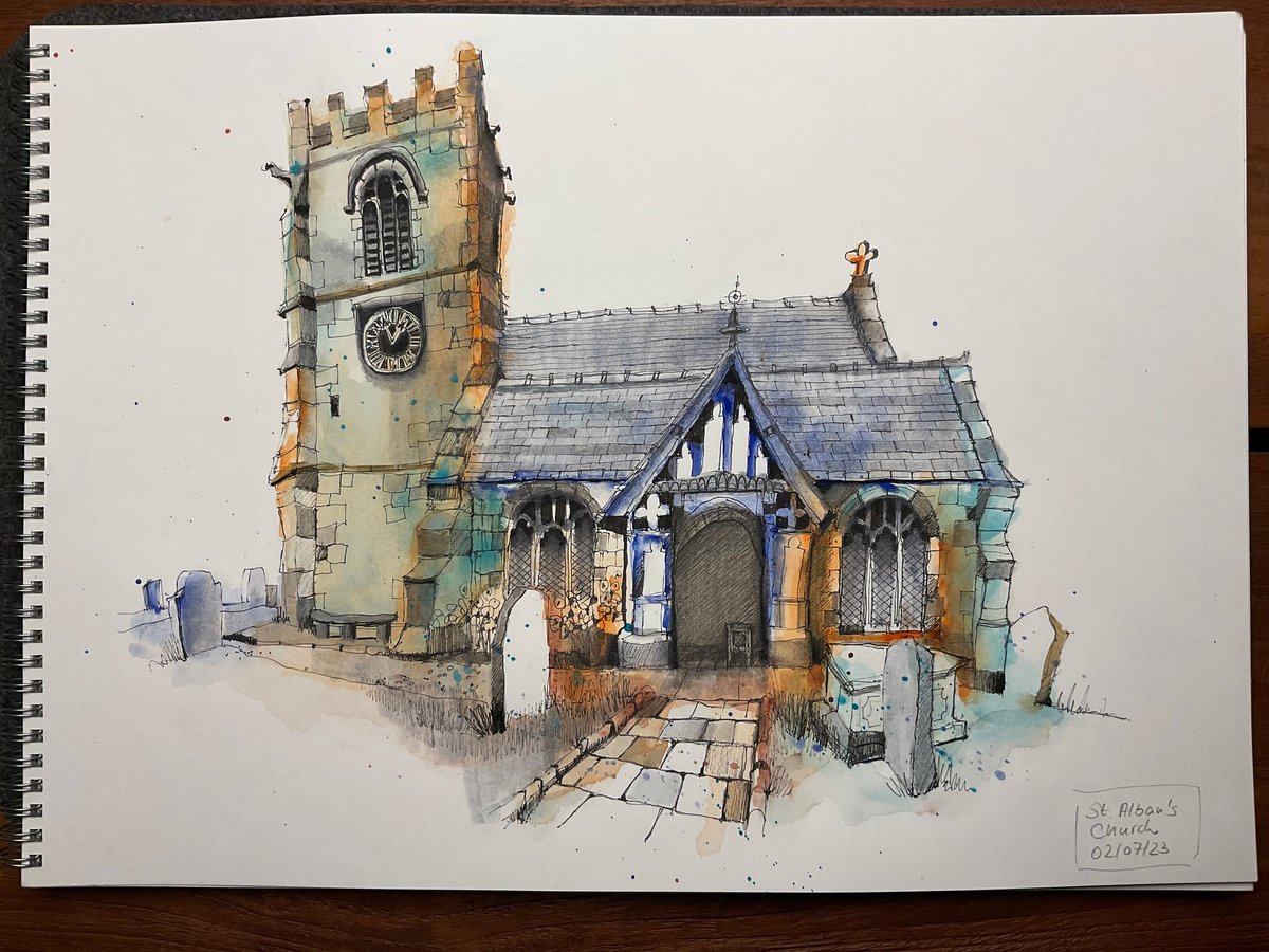 Pen and watercolour sketch of St Alban's Church, Tattenhall, in a spiral sketchbook, by student Anja Saalberg