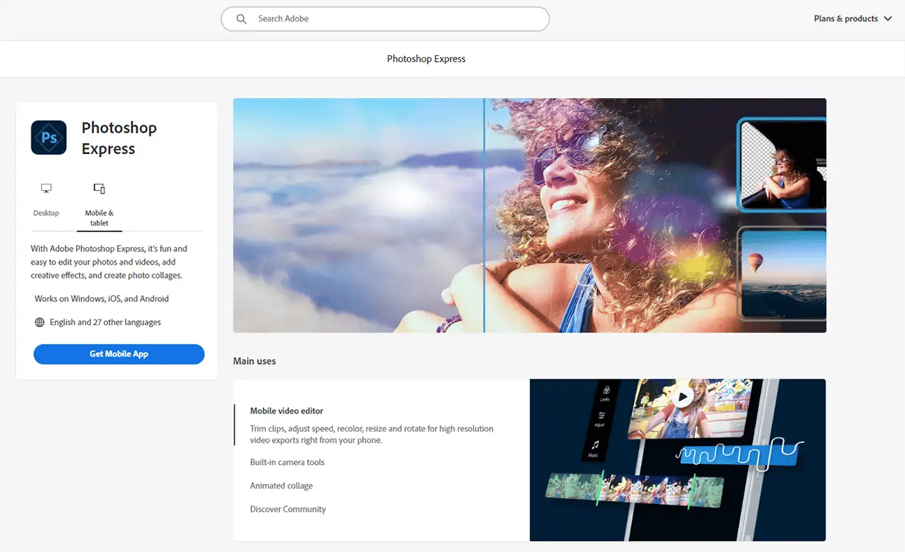 Adobe Photoshop Express app on Adobe Creative Cloud website