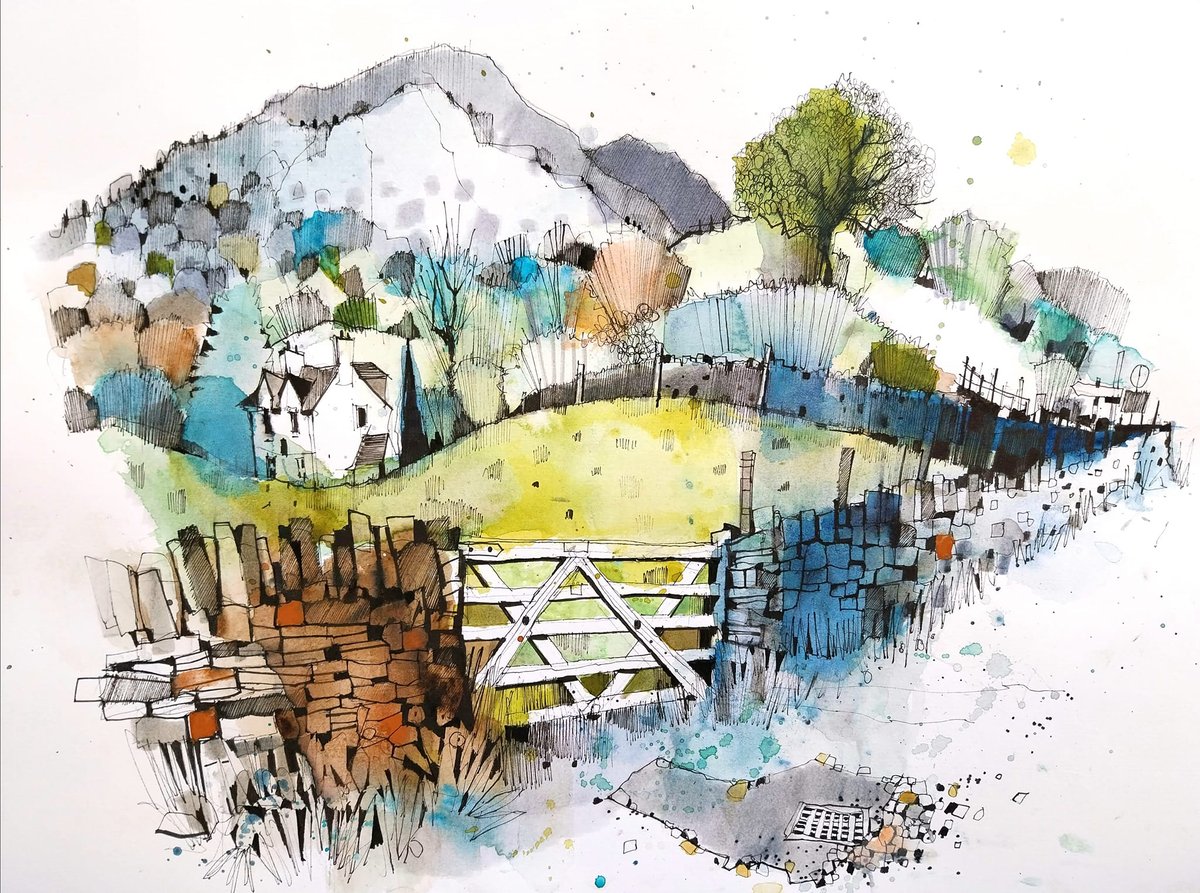A vibrant mixed-media landscape sketch depicting a rolling countryside scene with mountains in the background, countryside cottages nestled among trees, a bright yellow meadow with a wooden gate in the foreground, and stone walls. The composition combines pen line work with watercolor washes in blues, yellows, greens, and ochres, creating a scenic rural vista with both architectural and natural elements rendered in an illustrative, artistic style.