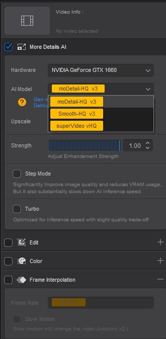 Aiarty Video Enhancer Model Options