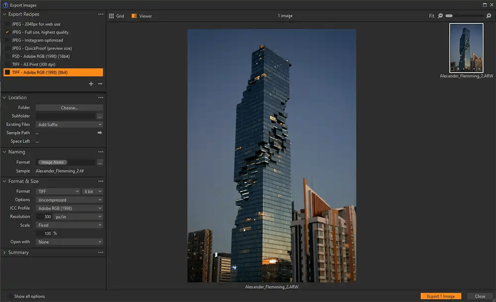 Capture One Photo Editor interface with a photo of a skyscraper at night time