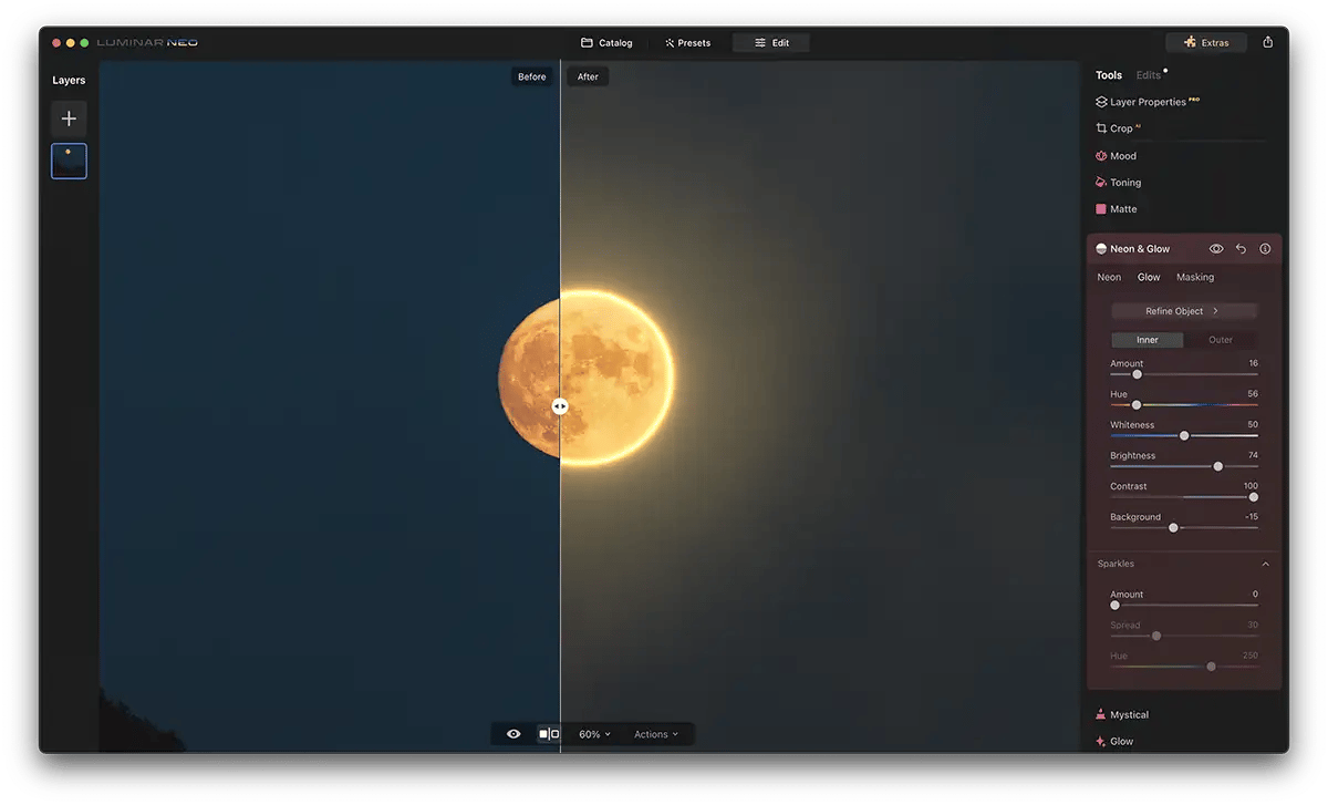 Screenshot of Luminar Neo Neon Glow Effect with a moon