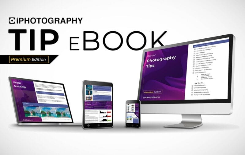 iMac screen with laptop, tablet and phone next to it with the iPhotography Tip eBook on screens