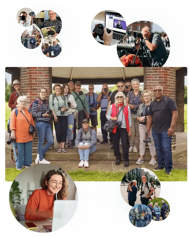 iPhotography community collage — members gathered on a Photo Walk, studying with the course, sharing photos, and out shooting together. A real club in motion.