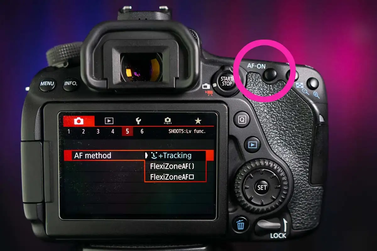 back of a camera with a pink circle denoting back button focus AF-ON canon camera