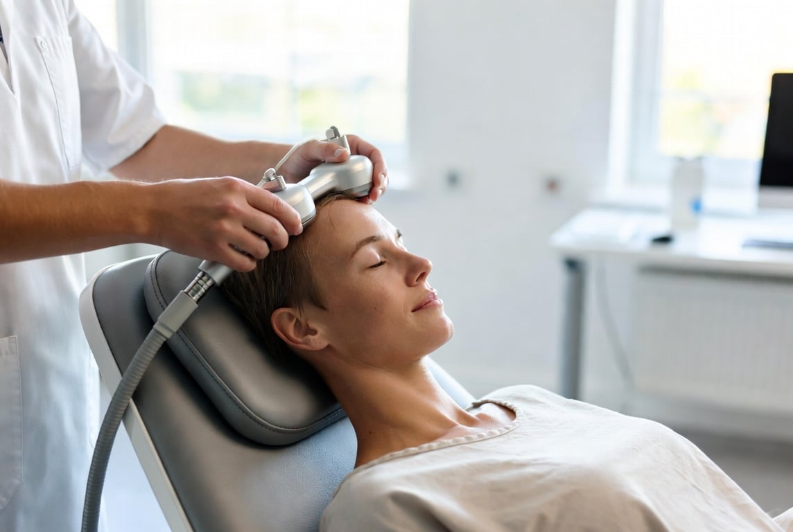 Patient receiving TMS therapy in a modern clinical setting