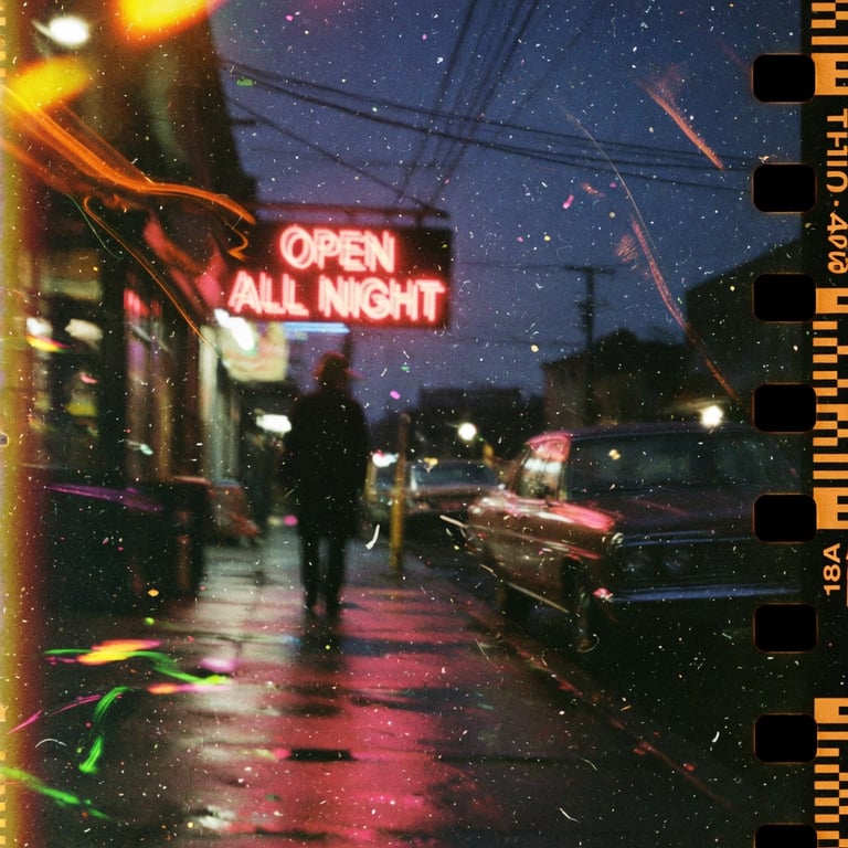 Rainy night street scene — a lone figure walks toward a glowing liquor store, vintage car in the foreground