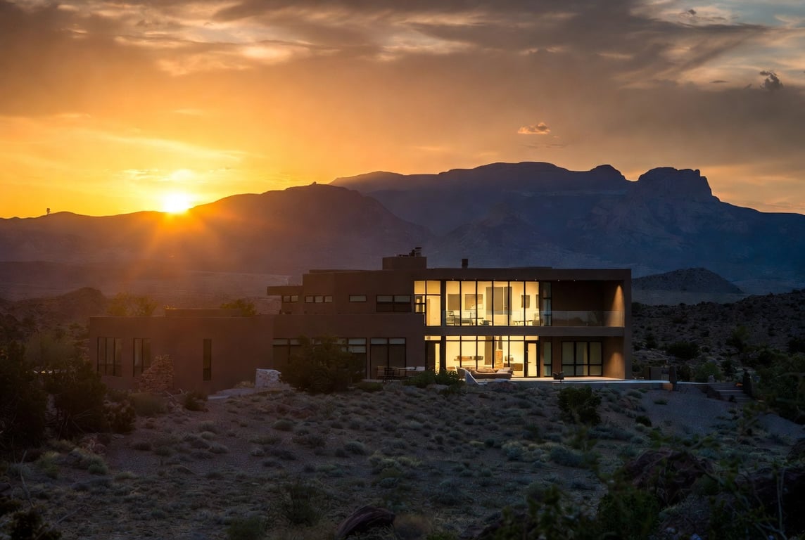 Modern architecture in Albuquerque with Sandia Mountains backdrop