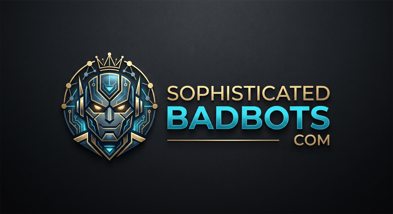 Sophisticated bad bot — chrome and crimson cyber-noir aesthetic