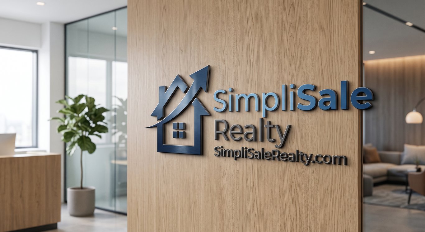 SimpliSale Realty sign in a bright office lobby, with the house mark and simplisalerealty.com