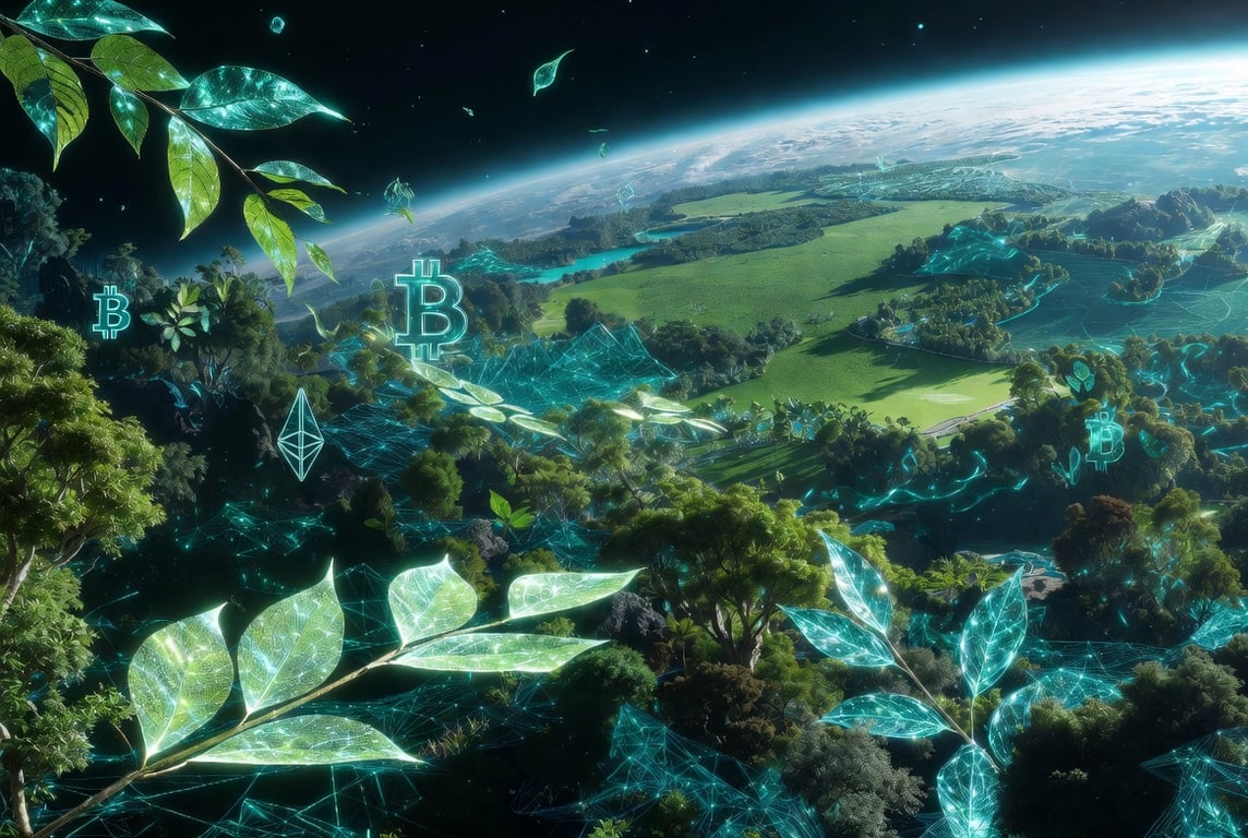 Lush sustainable crypto world — Earth with regenerative green landscapes, glowing blockchain networks, and crypto symbols integrated with nature