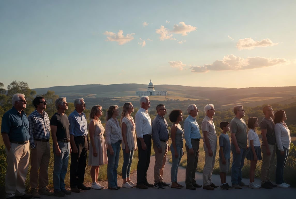 Diverse Americans on a path with U.S. Capitol in distance