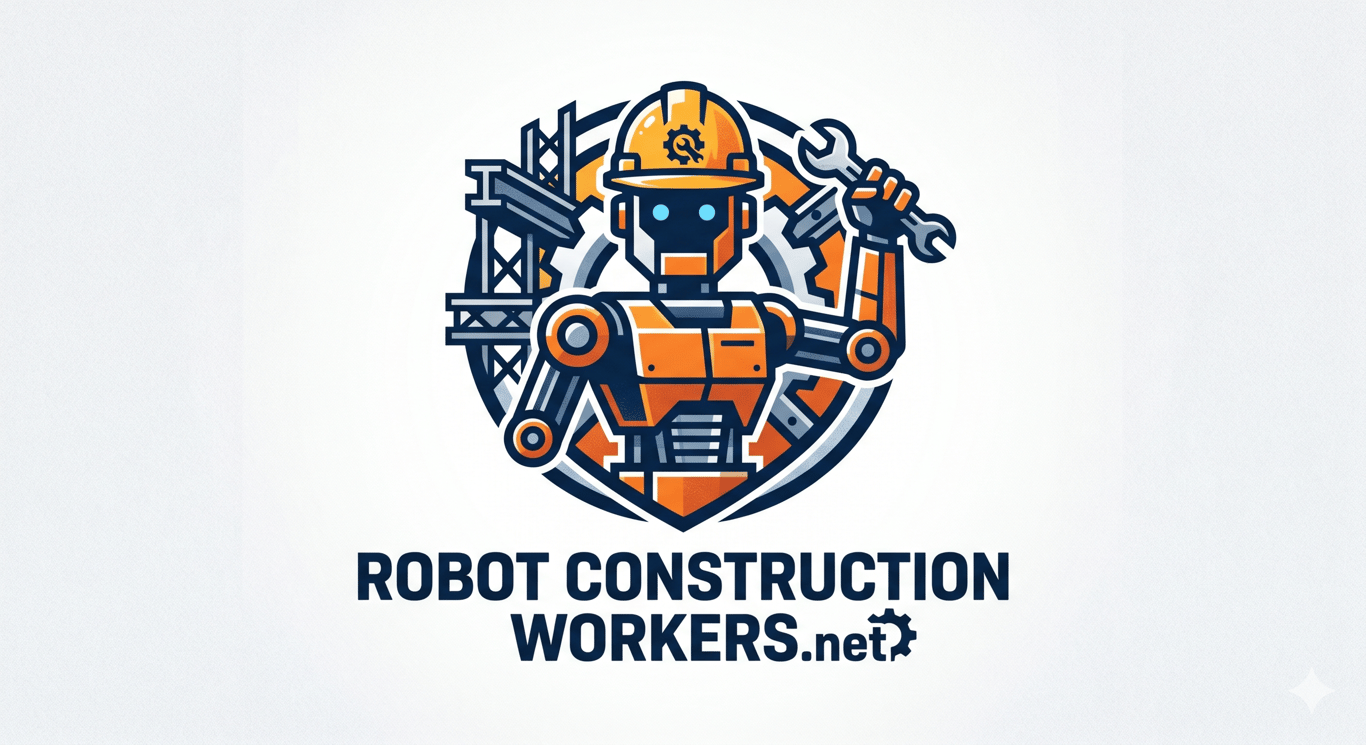 Humanoid construction robots on an active job site at dusk