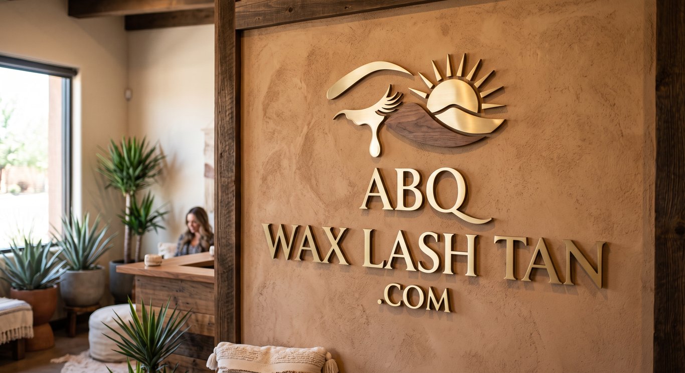 ABQ Wax Lash Tan studio wall with gold logo, adobe finish, and desert plants