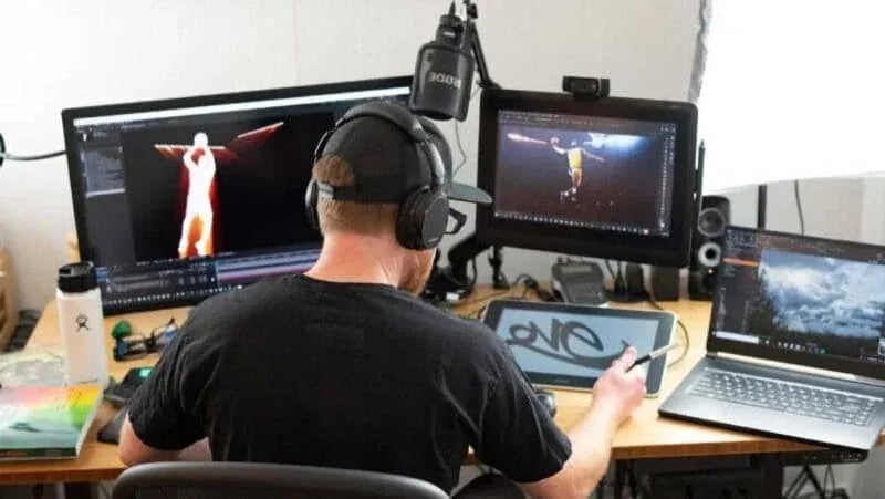 Professional photo editor retouching images on multiple monitors at Idaho Photography Studios.