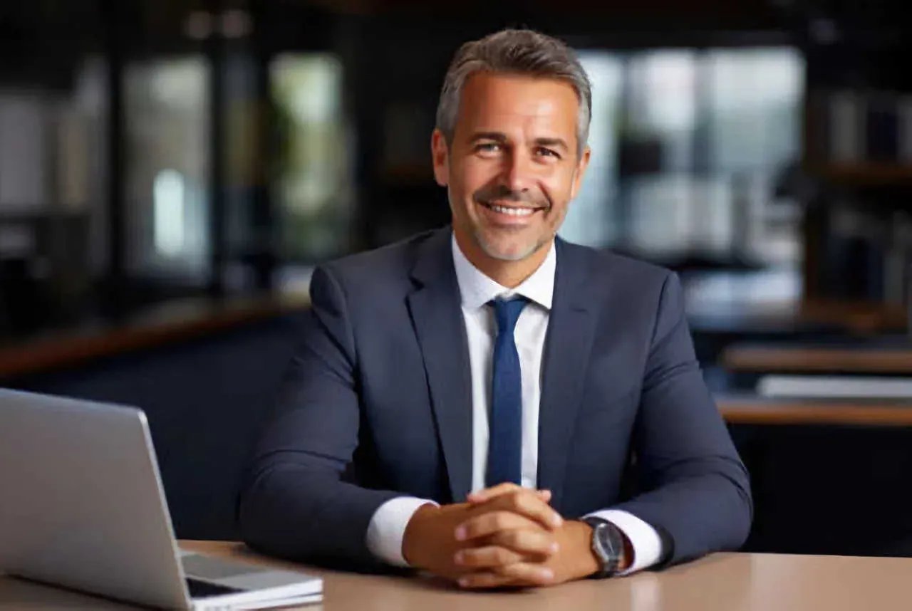 Corporate headshot of a smiling professional in a dark suit and tie, seated at a desk with laptop and papers in a modern office setting—photographed by Idaho Photography Studios.