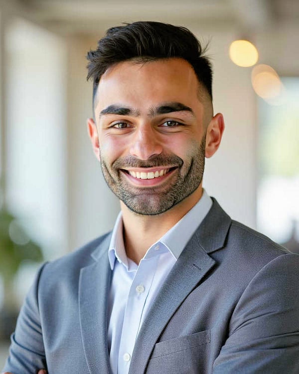 Professional business headshot of a smiling man in a gray suit standing in a bright, modern office setting.