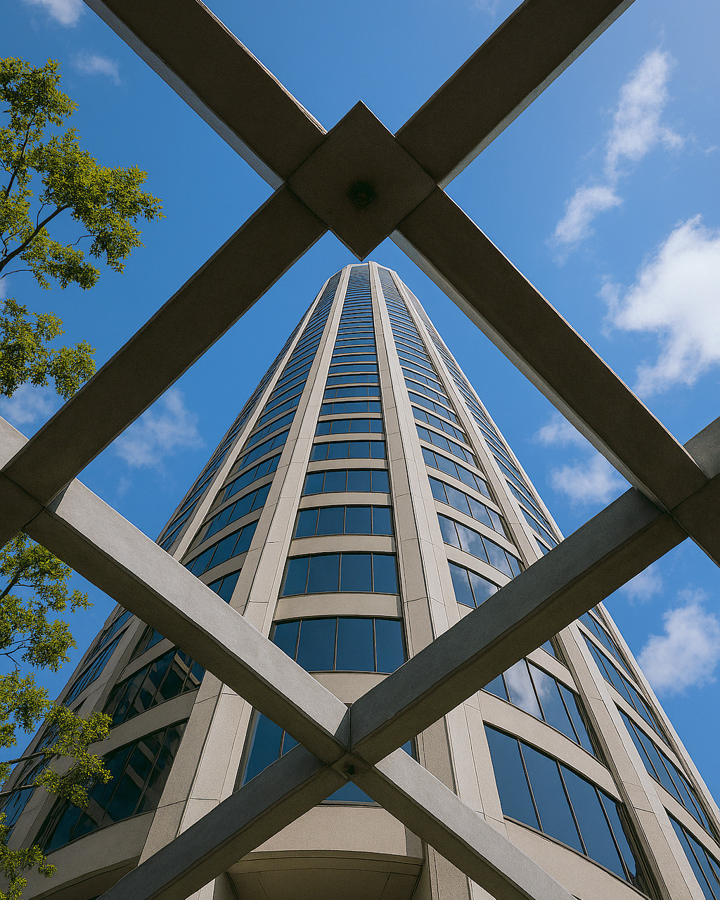 Architecture photography of a modern high-rise building in the United States, photographed from below with geometric structural framing to emphasize scale, symmetry, and contemporary design
