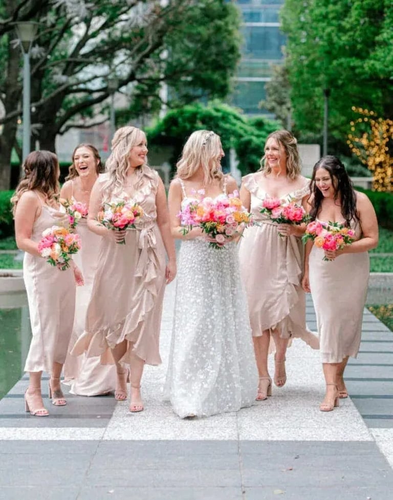 Weddings: Bride and Bridesmaids Walking to Church