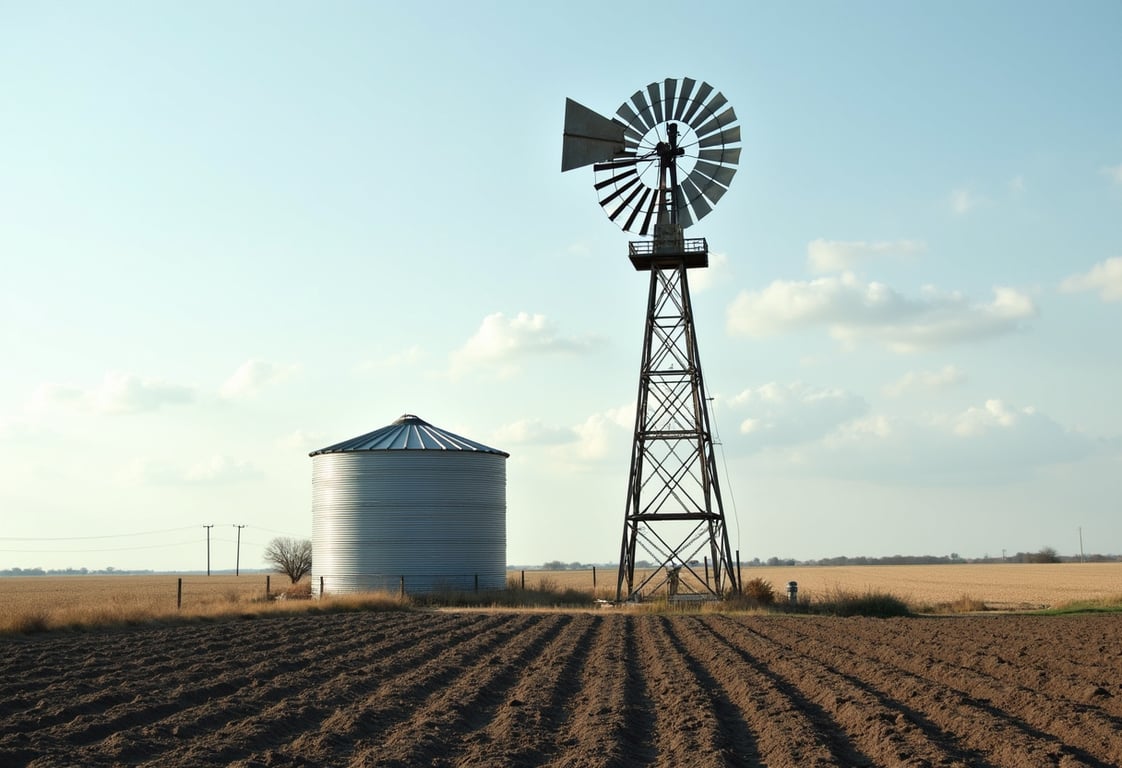 Farm windmill and steel water storage tank on Collin County, Texas blackland prairie