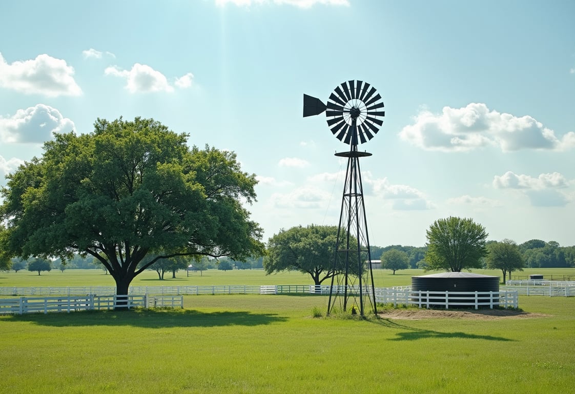 Windmill and round stock tank in a green Denton County, Texas horse pasture